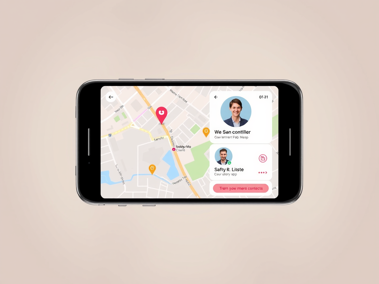 Real-Time Location Sharing interface showing map and safety contacts